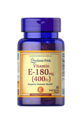 Puritan's Pride Vitamin E-400 IU supplement bottle with label, supports immune health and offers antioxidant benefits.