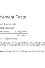 Supplement facts for Vitamin E Oil with dosage instructions and ingredients listed.