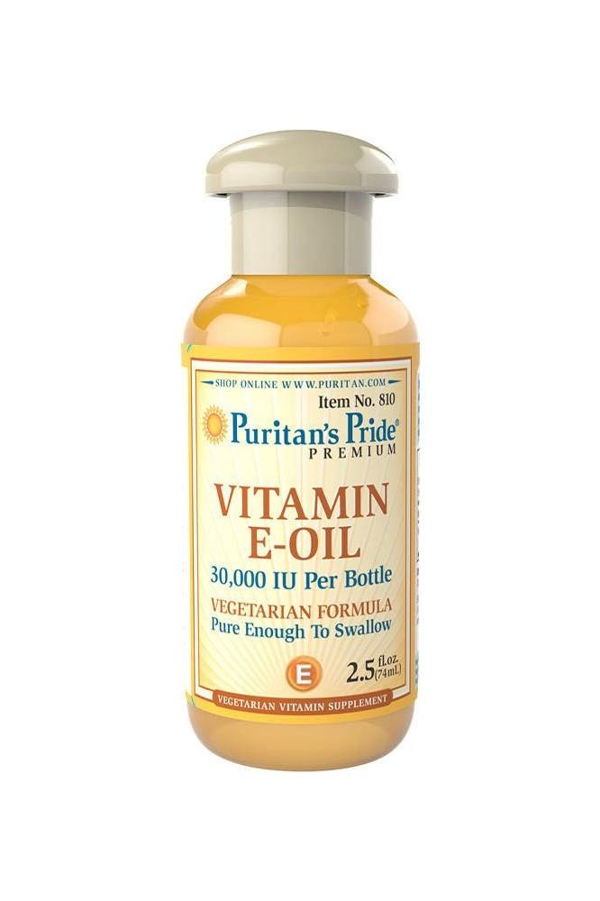 Puritan's Pride Vitamin E-Oil 30,000 IU 74 ml bottle, vegan antioxidant supplement for immune support.