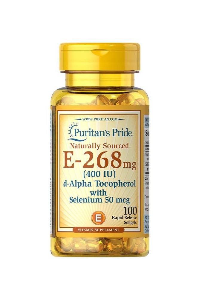 Puritan's Pride Vitamin E with Selenium 400 IU softgel bottle for antioxidants and cellular health.