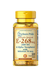 Puritan's Pride Vitamin E with Selenium 400 IU softgel bottle for antioxidants and cellular health.