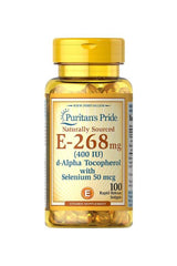 Puritan's Pride Vitamin E with Selenium 400 IU softgel bottle for antioxidants and cellular health.