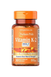 Puritan's Pride Vitamin K-2 MenaQ7 50 mcg softgels for bone health and blood clotting support.