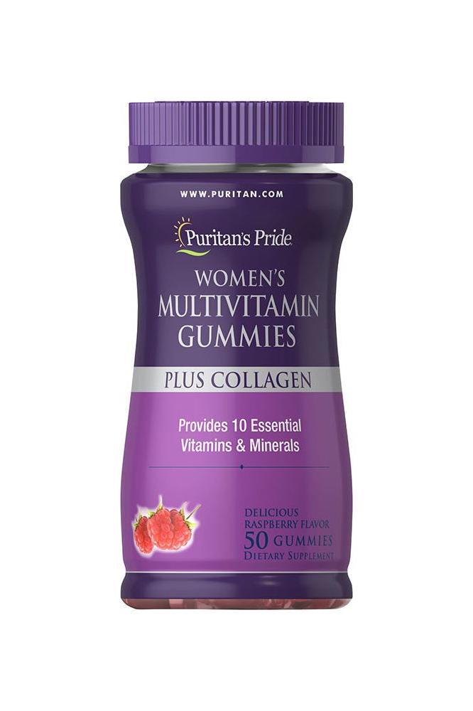 Puritan's Pride Women's Multi Collagen Gummies in raspberry flavor, 50 gummies for health and beauty support.