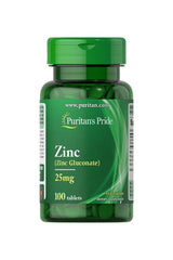 Puritan's Pride Zinc 25 mg supplement bottle with 100 tablets for cell growth and insulin function.