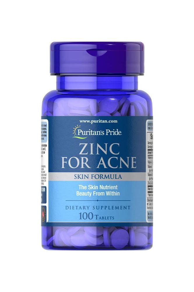Puritan's Pride Zinc for Acne dietary supplement bottle, 100 tablets for skin health and acne support.