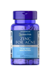 Puritan's Pride Zinc for Acne dietary supplement bottle, 100 tablets for skin health and acne support.