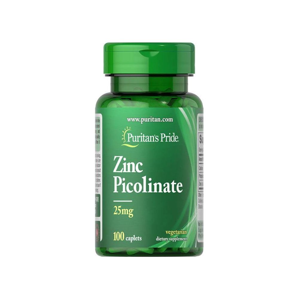 Puritan's Pride Zinc Picolinate 25 mg dietary supplement bottle with 100 caplets for immune support.