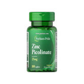 Puritan's Pride Zinc Picolinate 25 mg dietary supplement bottle with 100 caplets for immune support.
