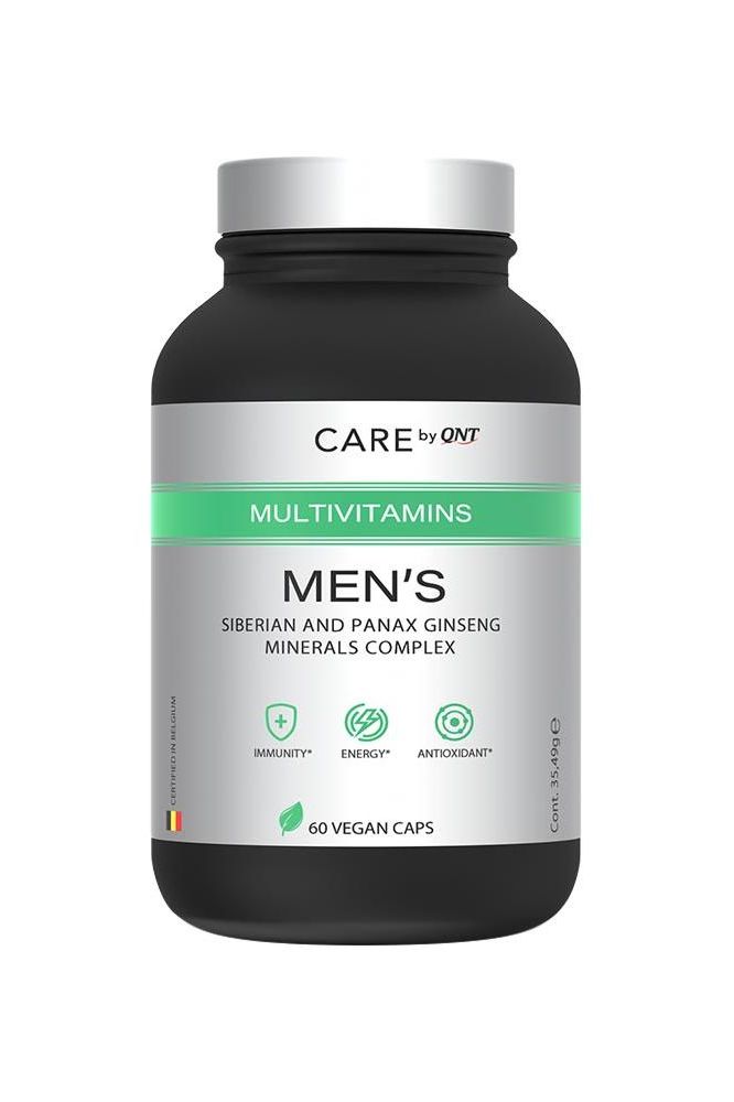 Qnt Men's Multivitamins bottle with 60 caps, featuring vitamins and minerals for energy, immunity, and vitality.