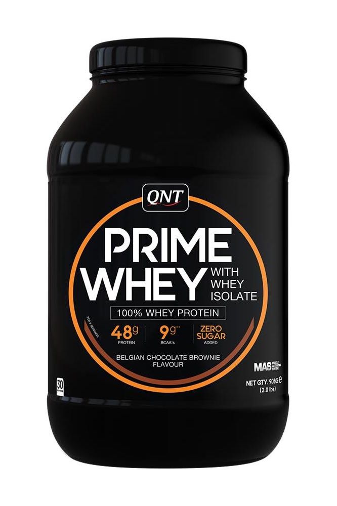 QNT Prime Whey protein powder, Belgian chocolate brownie flavor, 100% whey isolate for muscle growth and recovery.