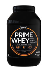 QNT Prime Whey protein powder, Belgian chocolate brownie flavor, 100% whey isolate for muscle growth and recovery.