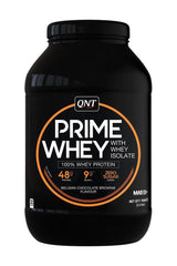 QNT Prime Whey protein powder, Belgian chocolate brownie flavor, 100% whey isolate for muscle growth and recovery.