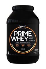 Qnt Prime Whey protein powder tub in vanilla flavor, 100% whey protein with zero sugar, 51g protein per serving.