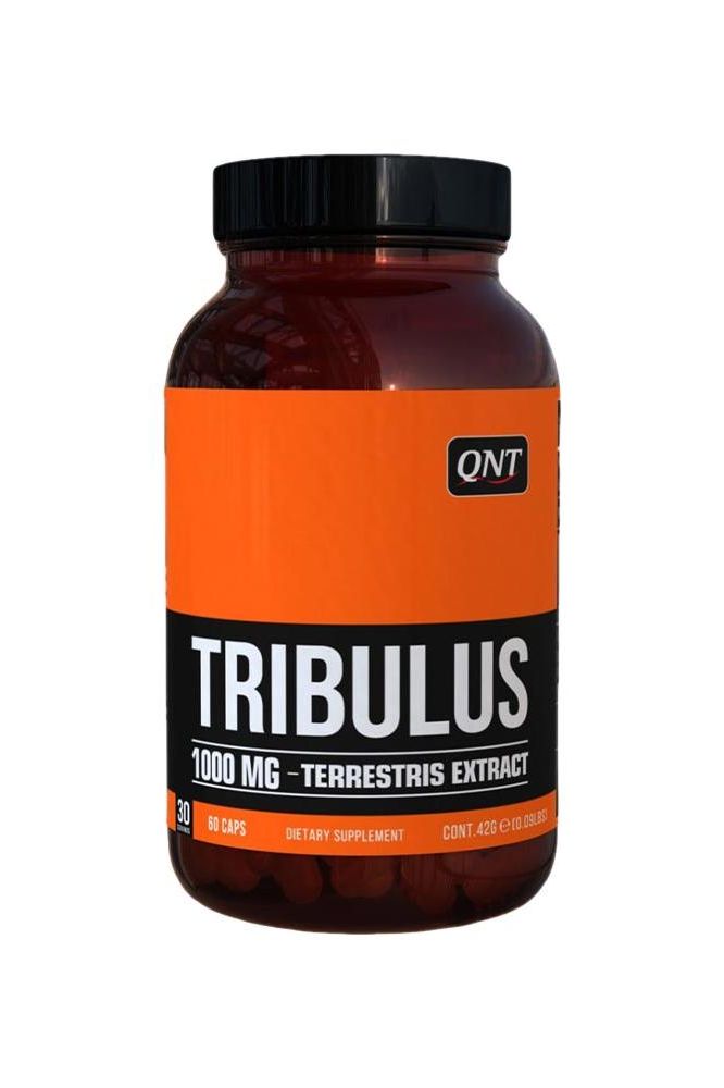 QNT Tribulus dietary supplement bottle with 60 capsules, 1000 mg Tribulus terrestris extract.