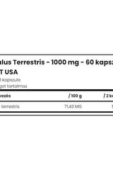 Nutritional information for Qnt Tribulus terrestris supplement, 1000 mg per capsule, 60 capsules per pack.