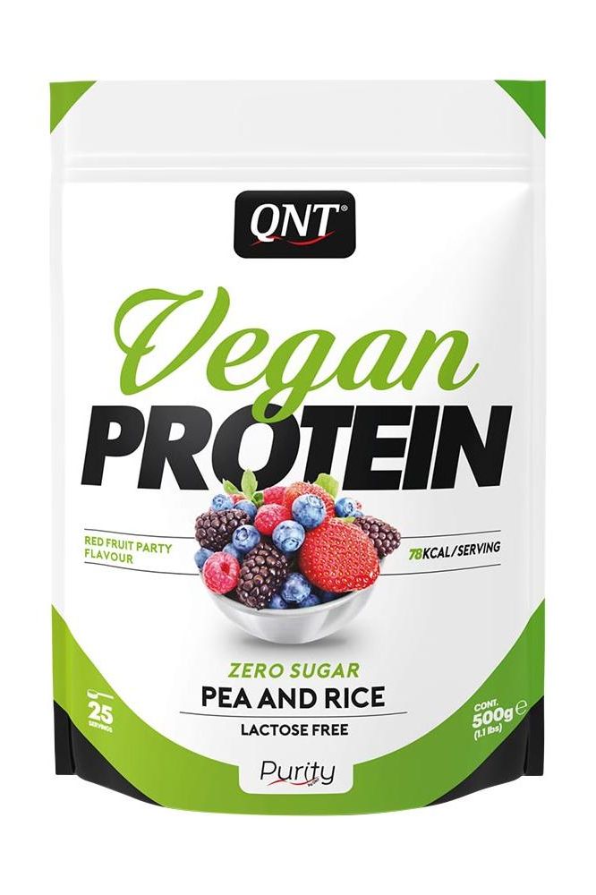 QNT Vegan Protein Powder bag featuring red fruit party flavor, lactose-free, 500g, plant-based protein source.