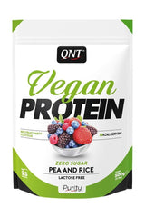 QNT Vegan Protein Powder bag featuring red fruit party flavor, lactose-free, 500g, plant-based protein source.