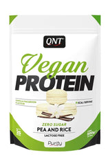 QNT Vegan Protein Powder in Vanilla Macaroon flavor, lactose-free, featuring pea and rice protein.