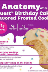 Detailed label of Quest Birthday Cake Frosted Cookies highlighting protein and low net carbs.