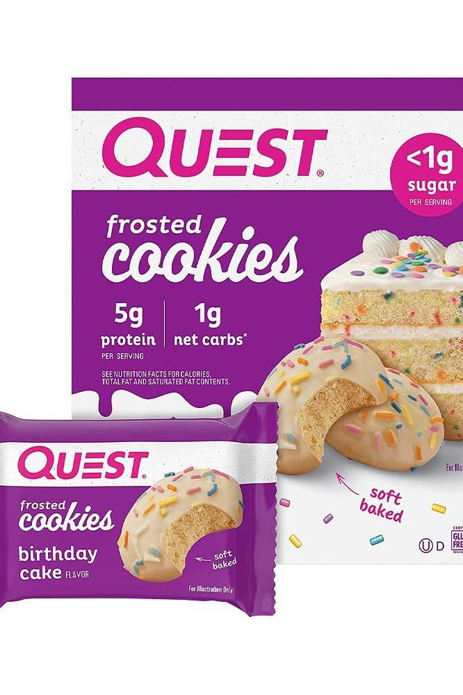 Quest Nutrition Frosted Cookies Birthday Cake flavor with 5g protein and 1g net carbs per serving.