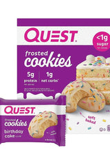 Quest Nutrition Frosted Cookies Birthday Cake flavor with 5g protein and 1g net carbs per serving.