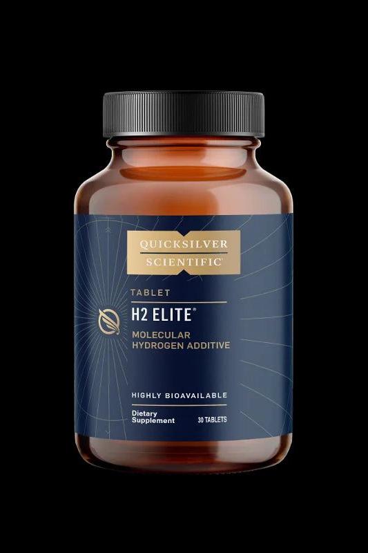 Quicksilver H2 Elite dietary supplement bottle with molecular hydrogen additive for improved antioxidant support.