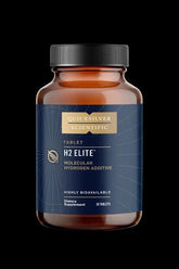 Quicksilver H2 Elite dietary supplement bottle with molecular hydrogen additive for improved antioxidant support.