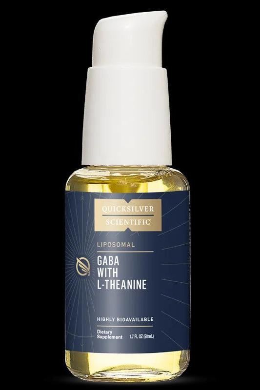 Quicksilver Liposomal GABA with L-Theanine 50ml dietary supplement bottle on black background