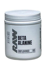 Raw Nutrition Beta Alanine supplement jar, unflavored, 60 servings, performance enhancer for athletes.