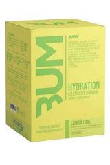 Raw Nutrition Bum Hydration 20-pack box in Lemon Lime flavor, supports muscle function and restores electrolyte balance.