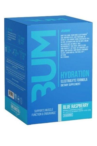 BUM Hydration electrolyte formula, blue raspberry 20-pack, restores electrolyte balance, supports muscle function.