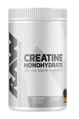 Raw Nutrition Creatine Monohydrate 510g container, unflavored, promotes muscle strength and recovery.