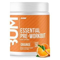 Raw Nutrition CBUM Essential Pre-Workout in orange flavor, dietary supplement container with orange slices.