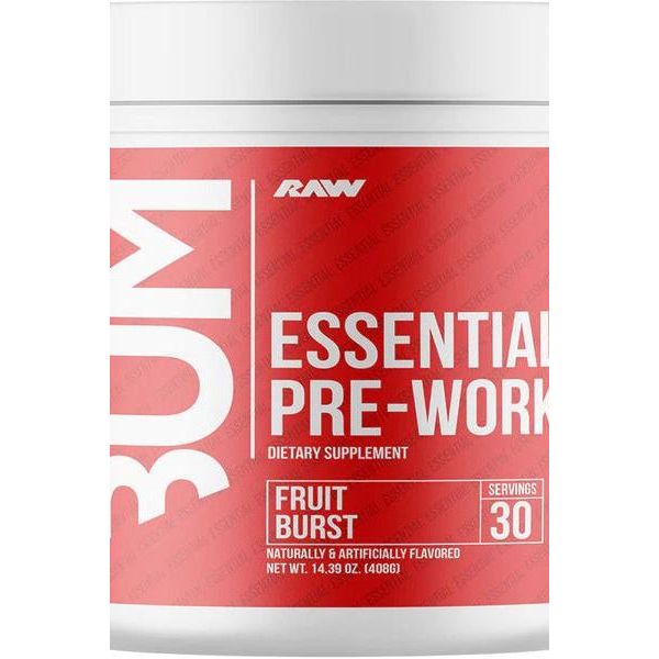 Raw Nutrition CBUM Essential Pre-Workout Fruit Burst dietary supplement container with 30 servings.