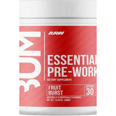 Raw Nutrition CBUM Essential Pre-Workout Fruit Burst dietary supplement container with 30 servings.