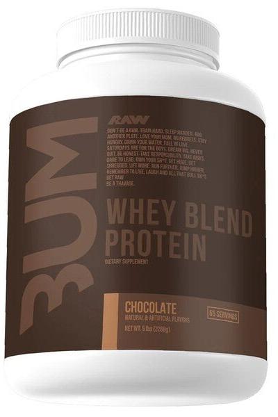 RAW Nutrition CBUM Whey Protein Blend chocolate flavor, 65 servings, high-quality protein for muscle recovery.