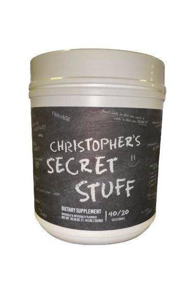 Christopher's Secret Stuff dietary supplement container for enhanced energy and focus.