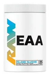 Raw Nutrition EAA supplement in Isle Slushie flavor for enhanced muscle endurance and recovery.