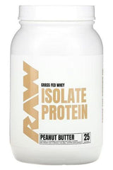 RAW Nutrition grass-fed isolate protein powder container in peanut butter flavor, 25g protein per serving.