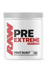 Raw Nutrition Pre Extreme 360g pre-workout powder with 400mg caffeine, Fruit Burst flavor, energizing formula for athletes.