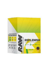 Raw Nutrition Replenish - Premium electrolyte formula in lemon lime flavor, 20 stick packs for optimal hydration.