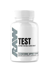 Raw Nutrition Test bottle for testosterone support and male health, dietary supplement with 30 servings.