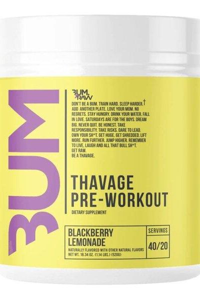 Thavage Pre-Workout supplement in Blackberry Lemonade flavor, designed for explosive energy and superior performance.