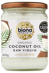 Biona Organic Raw Virgin Coconut Oil in a glass jar, 400g, great for cooking, spreading, and blending.