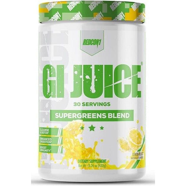 Redcon1 GI Juice Supergreens Blend in Lemon Blast flavor, 432g, supports digestion and boosts immunity.