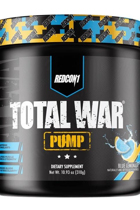 Redcon1 Total War Pump supplement container in Blue Lemonade flavor, designed for improved blood circulation and muscle endurance.