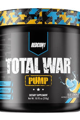 Redcon1 Total War Pump supplement container in Blue Lemonade flavor, designed for improved blood circulation and muscle endurance.