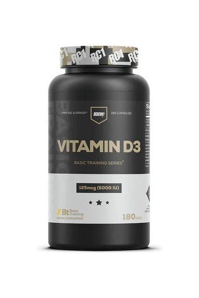 Redcon1 Vitamin D3 supplement bottle for immune support and bone health, 180 capsules.