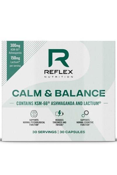 Reflex Nutrition Calm & Balance supplement box with 30 capsules, featuring KSM-66 Ashwagandha and Lactium ingredients.